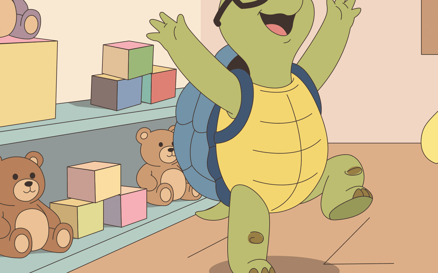Elio, la tortuga, celebrando con los brazos abiertos entre estantes de juguetes: el recado bien hecho.