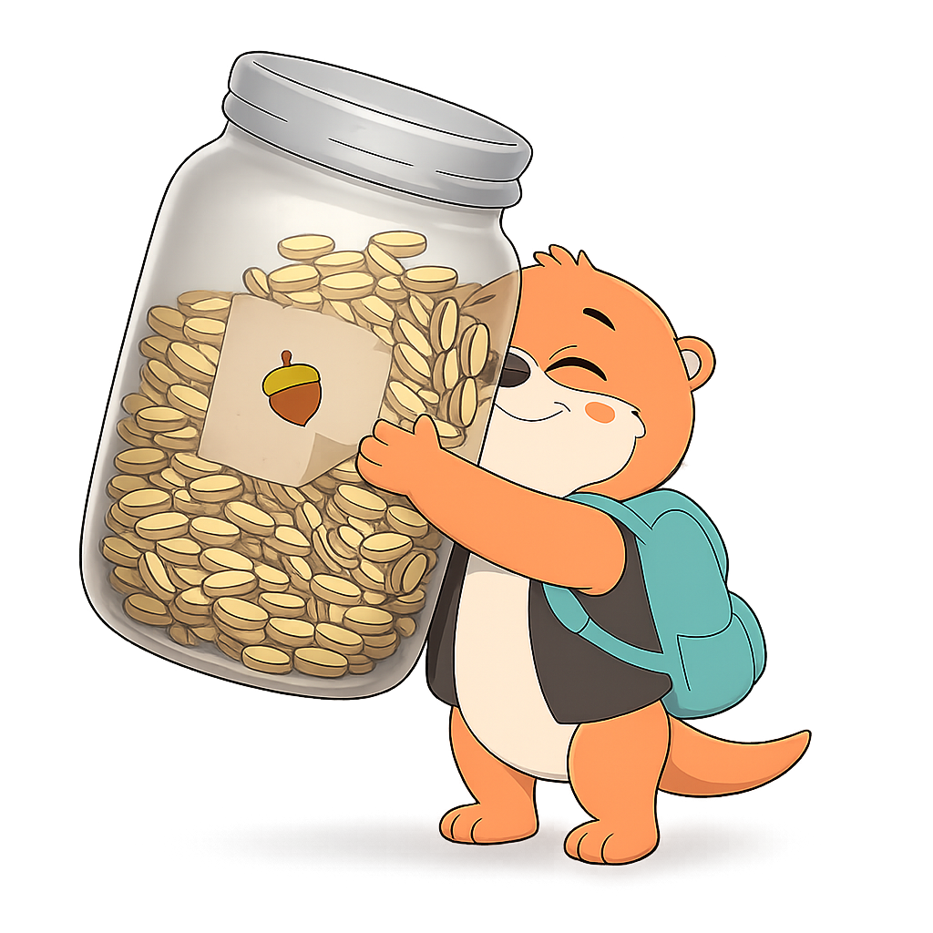 Leo, la nutria más joven, abrazando el frasco de bellotas lleno de monedas.