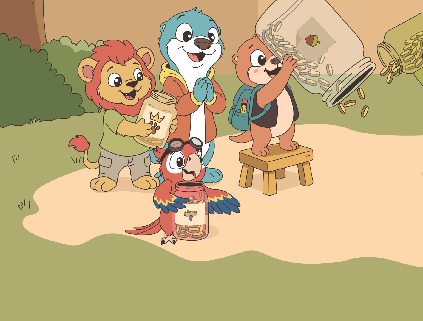 Kay, Leo, Cris y Enzo juntos con el frasco de bellotas volcando monedas: escena de ¿Vale la pena?