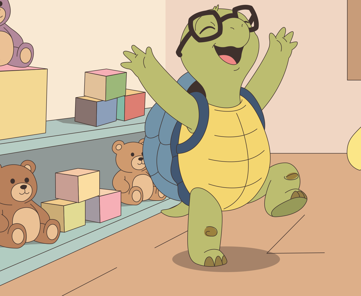 Elio, la tortuga, celebrando con los brazos abiertos entre estantes de juguetes: escena de ¡Pero yo no tengo dinero!